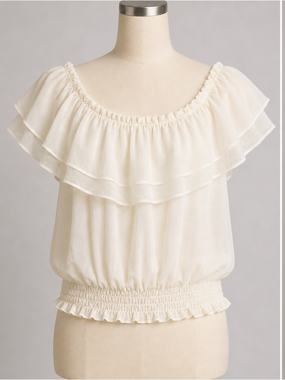 Moussy Tiered Ruffle Off-The-Shoulder Blouse Bardot Top Cream Size Free Romantic